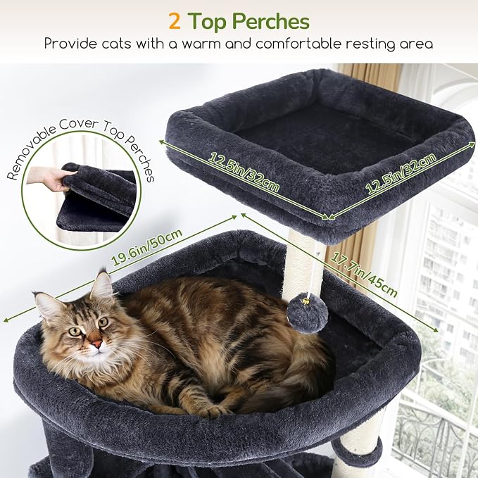 Globlazer F83C Pro Max Heavy Duty Maine Coon Cat Tree, 83in Tall Tower | Easy Assembly, Large Cats, 2 Condos, 3 Hanging Baskets, 2 Perches, 7 Sisal Scratching Posts, Anti-Topple Strap, Dark Grey