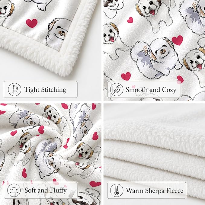 BlessLiving Shih Tzu White Throw Blanket with Dense Dog Patterns Sherpa Fleece Blanket Couch Bed, Soft Cozy Warm Pet Blankets for Puppy Lovers Cute Snowball Animal Print Gift 60x80 Inches