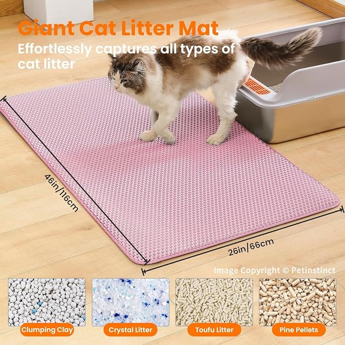 Extra Large Cat Litter Mat XXL, Double Layer Honeycomb, Pink | 46x26”, Reduces Litter Tracking, Easy to Clean, Waterproof, Non-Slip, Soft on Paws, Scratch Resistant, XXL