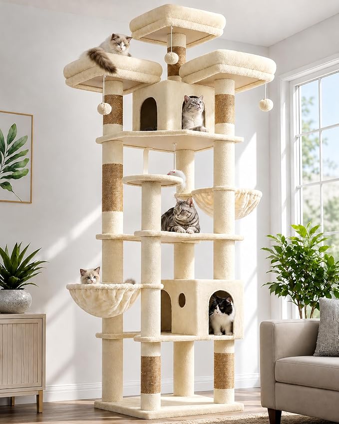 Globlazer Cat Tree Tower for Multiple Adult Cats, 82 inch, F82, Beige | XXL Tall Cat Tree Tower for Indoor Cats with Scratching Post, 3 Perches, 2 Condos, 2 Hanging Baskets