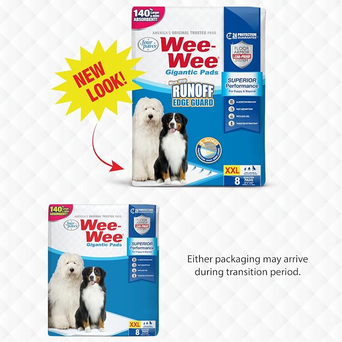Four Paws Wee-Wee Superior Performance Pee Pads for Dogs with Runoff Barrier Edge Guard Protection, Puppy & Dog Potty Training Pads, Housebreaking Pet Supplies, 27.5" x 44" (8 Count)