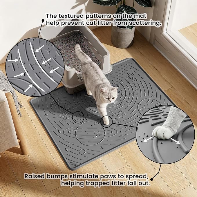 OHMO Cat Mat for Litter Box, Large 31.5x23.6 Dark Grey, High Edge Silicone Scatter Control Waterproof Trapping Mat