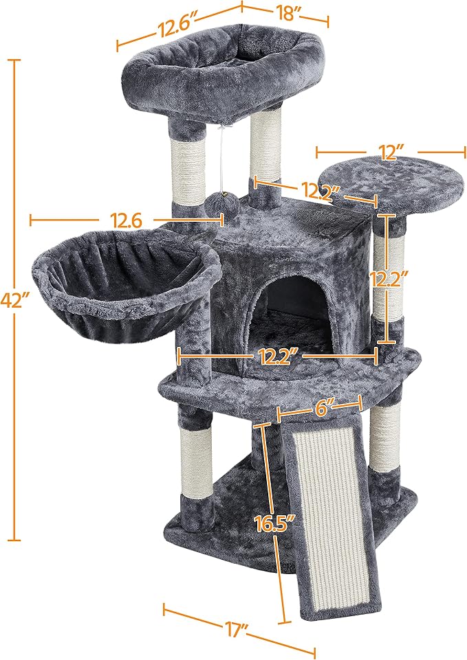 Topeakmart Cat Tree, 42in Multi-Level Cat Furniture with Perch, Scratching Posts, Hammock & Condo, Dark Gray