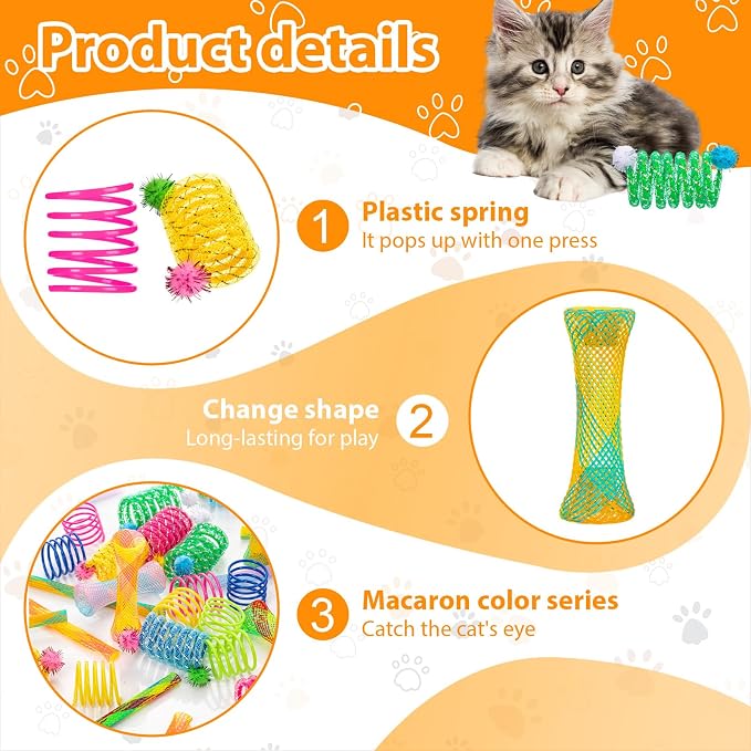 100 Pcs Cat Springs Toys Pack for Indoor Kitten Colorful Cat Supplies Include Interactive Plastic Coil Spiral Spring Rolling Mesh Tubes for Kitten Stray Cats to Bouncing Play Hunt