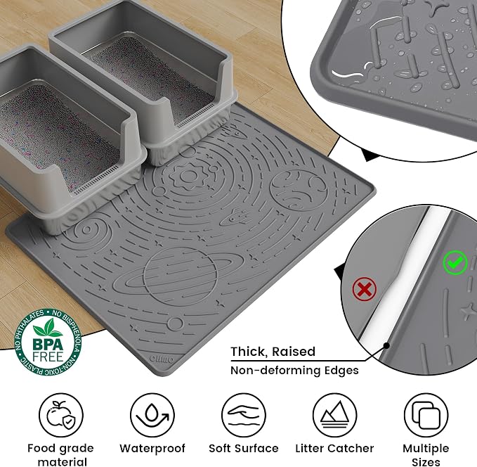 OHMO Cat Mat for Litter Box, Large 31.5x23.6 Dark Grey, High Edge Silicone Scatter Control Waterproof Trapping Mat