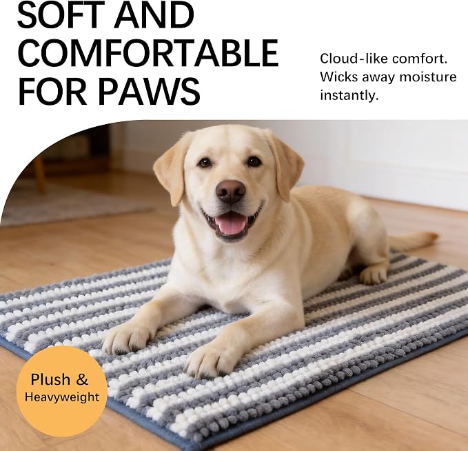 Dog Door Mat for Muddy Paws - Absorbent Quick-Dry Non-Slip Washable Chenille Pet Rug, Indoor Entryway Mat for Front Door & Crate (Blue, 36" L*24" W)