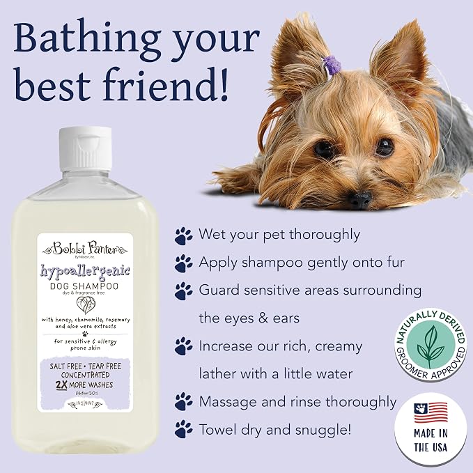 Bobbi Panter Hypoallergenic Dog Shampoo Honey, Aloe Vera, Chamomile & Rosemary – Dye & Fragrance Free Natural Formula for Sensitive & Allergy Skin, Tear-Free, 30:1 Concentrate, 14 oz (Case of 12)