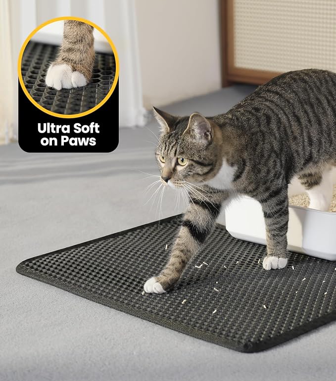 Cat Litter Mat, Upgrade Super Waterproof Back Layer Litter Box Mat, Non Slip, Durable, Soft on Paws Kitty Trapping Matt (46"x35", Black)