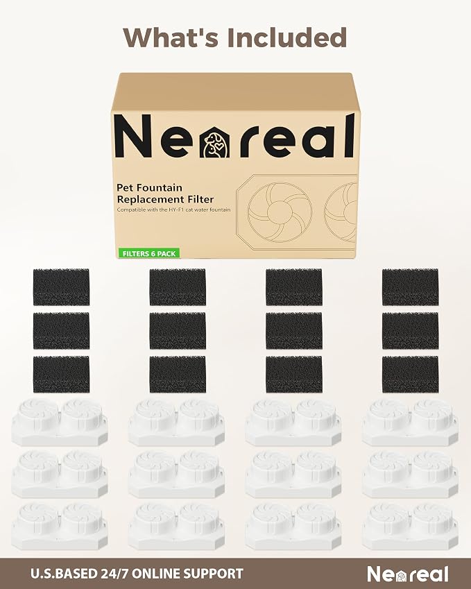 Neareal Cat Water Fountain Replacement Filters & Pre-Filter Sponges Compatible with 74oz/2.2L Stainless Steel Pet Fountain (12 Filters & 12 Sponges)