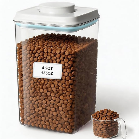 3-5 Lbs Dog Cat Treat Container Pop Pet Food Storage Container with Scoop | Dog Food Storage Bin Canister with Pop Up Lid Airtight Stackable BPA-Free Pet Treat Containers for Kibble & Treats 4.2qt