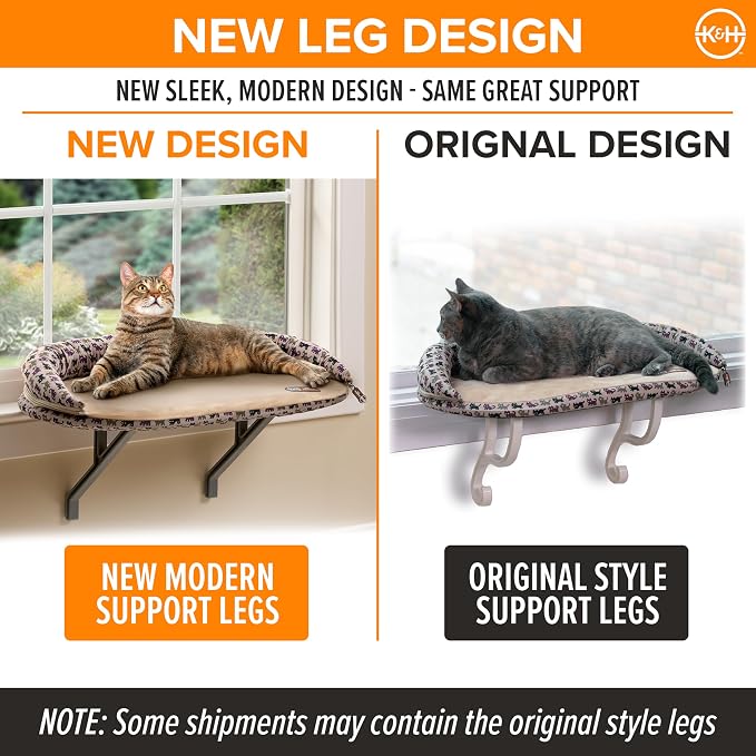K&H Cat Window Perch, Deluxe Bolster Kitty Sill, 24x14in, Tan/Kitty Print | Cat Window Hammock Bed, Orthopedic Window Bed Holds 40 lbs, Washable Cover, Indoor Windowsill Furniture