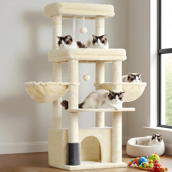 Hey-brother Cat Tree Tower with Extra Large Platform, Big Condo, MPJ070M | 51.1 Inches Scratching Posts with 2 Cozy Hammocks, Self-Grooming Brush for Indoor Adult Cats, Maine Coon, Beige