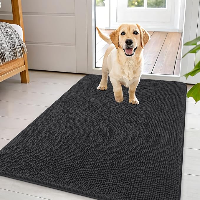 OLANLY Dog Door Mat for Muddy Paws 44x32, Super Absorbent Chenille Mud Mat | Dark Grey, Absorbs Moisture and Dirt, Non-Slip Machine Washable Doormat, Quick-Drying Indoor Entryway Floor Carpet for Dogs
