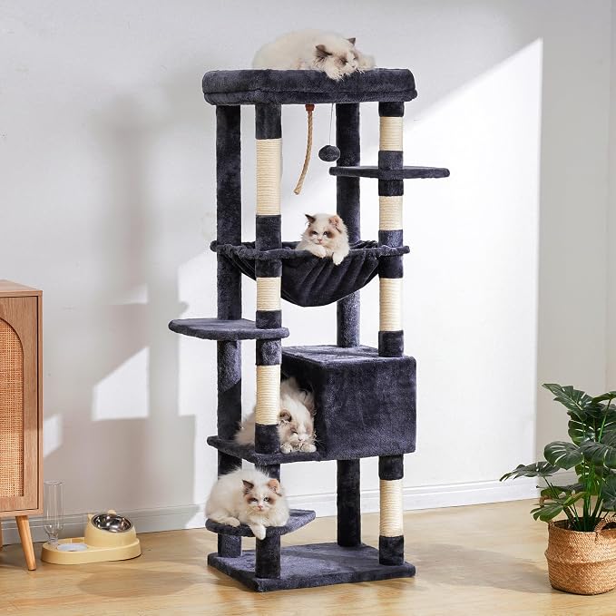 Heybly Cat Tree for Large Cats, 20lbs Heavy Duty, 60 inches HCT050G | Cat Tower for Indoor Cats with Big Padded Plush Perch, Multi-Level Furniture Condo with Cozy Basket, Smoky Gray