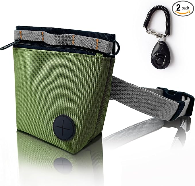 Dog Treat Pouch with Pet Training Clicker, Dog Training Treat Pouch Kit, Magnetic Closure, Hands-Free Training (Green)