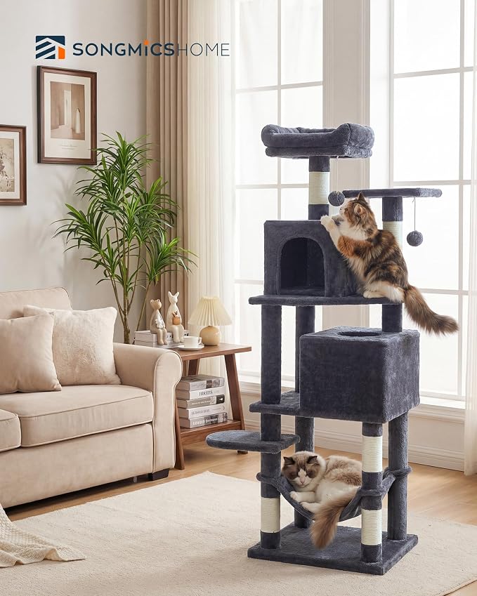SONGMICS HOME Cat Tree for Indoor Cats, Multi-Level Cat Tower with Sisal Scratching Posts, Hammock and Condo, Dark Gray