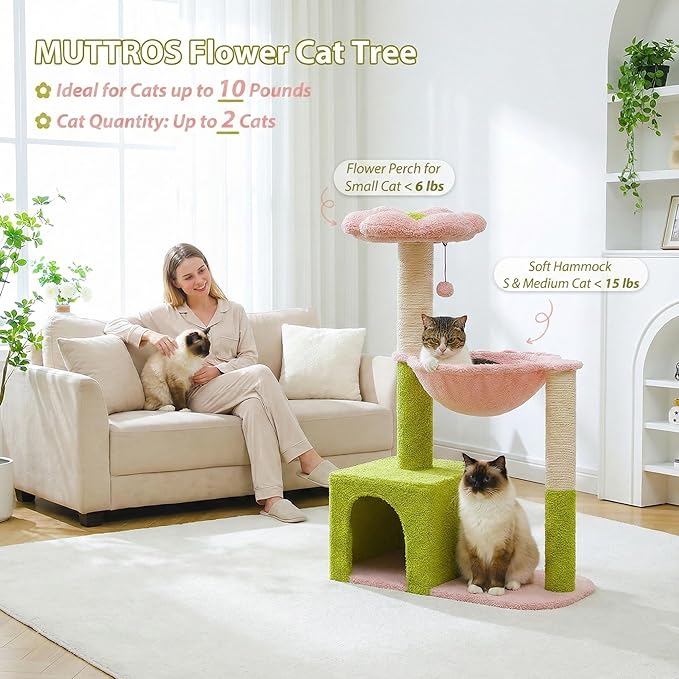 Flower Cat Tree with Large Metal Frame Hammock, 35" Cute Cat Tower with Sisal Scratching Posts for Small Indoor Cats, Cat Condo with Pink Top Perch for Kittens, Pink | Flower-shaped top perch, Metal frame hammock, Sisal scratching posts, Cozy pink cond...