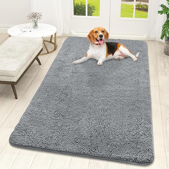 OLANLY Dog Door Mat for Muddy Paws 59x32, Super Absorbent Chenille Mud Mat | Grey, Absorbs Moisture and Dirt, Non-Slip Machine Washable Doormat, Quick-Drying Indoor Entryway Floor Carpet for Dogs