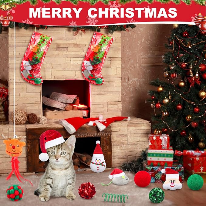 Soulchen 11pcs Christmas Cat Toys Stocking Gift Holiday Catnip Interactive Cats Toy Gift Set with Cat Teasers, Santa, Snowman, Plush Balls, Crinkle Mice, Variety Pack for Cats Pet Stocking Present