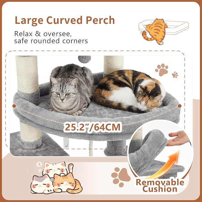 Heybly Cat Tree, 74-Inch Streamlined Cat Tower for Large Cats HCT061W | Cat Furniture with 3-Tier Stacked Condos, Large Perch, Sturdy Base, Full Sisal Scratching Posts & Ramp, Light Gray