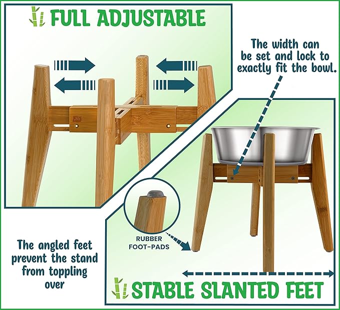 Dog Bowl Stand for Large Dogs - Adjustable, Bamboo | Use to Elevate, Raise Pet Food Water and Slow Feeder Bowls, Expandable with Locking Option, Non-Slip Feet, Stand Only