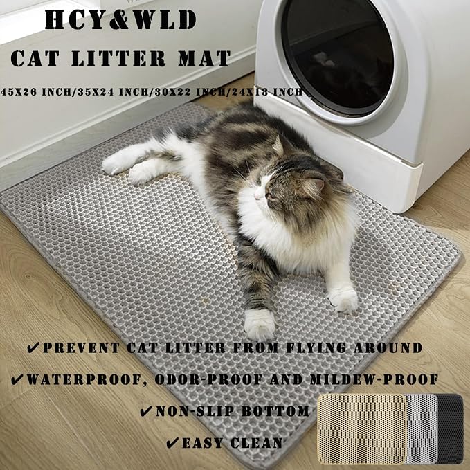HCY&WLD Cat Litter Mat, Double Layer Cat Litter Box Mat (30x22 Inch, Gray) | Waterproof Urine-Proof Non-Slip Litter Trapping Mat, Soft on Kitty Paws, Scratch-Resistant, Scatter Control, Easy to Clean