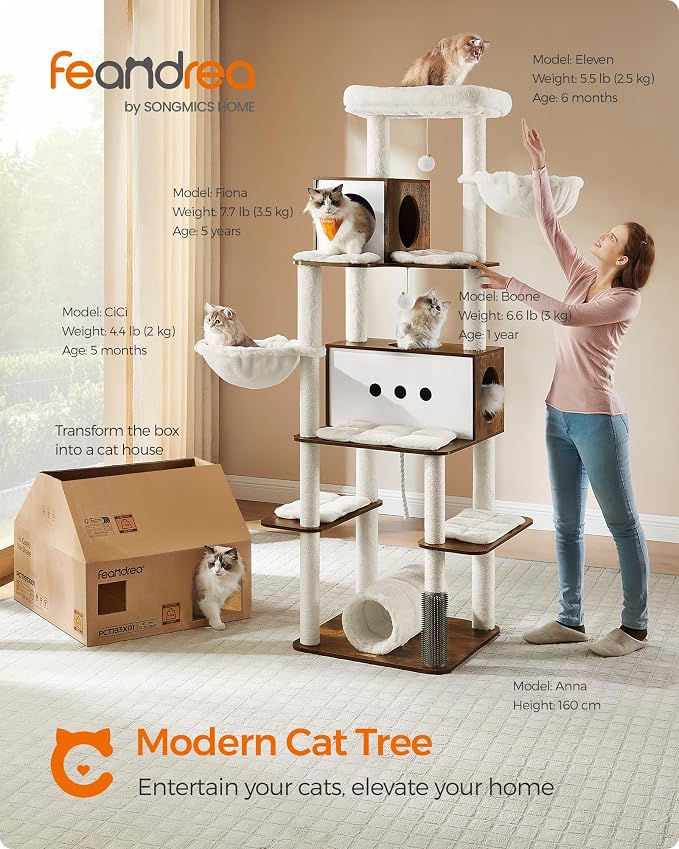 Feandrea Cat Tree, 75.6-Inch Modern Cat Tower, Tall Multi-Level Condo with 2 Caves, 2 Hammocks, 4 Scratching Posts, Self-Groomer, Tunnel, Perch, Rustic Brown UPCT193X01 | Tall Cat Tower, 4 Scratching Posts, Self-Groomer, Tunnel, Perch, Rustic Brown, CA...