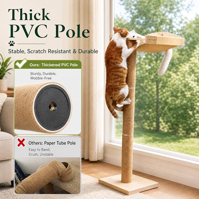 Cat Window Perch with Scratching Post, 46-Inch Tall Climbing Tree & Hammock | Heavy-Duty Suction Cups; Drill-Free; Pine Wood Frame; Holds Up to 40 lbs; For Small to Medium Cat; Sunbathing & Bird Watching