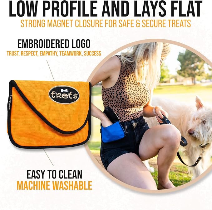 Dog Treat Pouch, Orange Training Treat Pouch - Clip On Dog Treat Holder, Innovative No Spill Design, Magnetic Flap, Expandable Gusset, Made of Durable Nylon, Machine Washable
