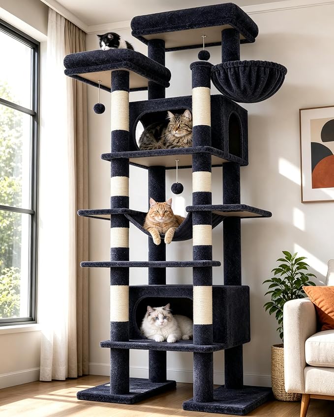 Globlazer Giant Tall Heavy Duty Cat Tower for Indoor Large Cats, F83B | XXL Multi-Level Large Cat Condo with 8 Scratching Posts, Hammock, 2 Cat Caves, 2 Platform, Dark Grey