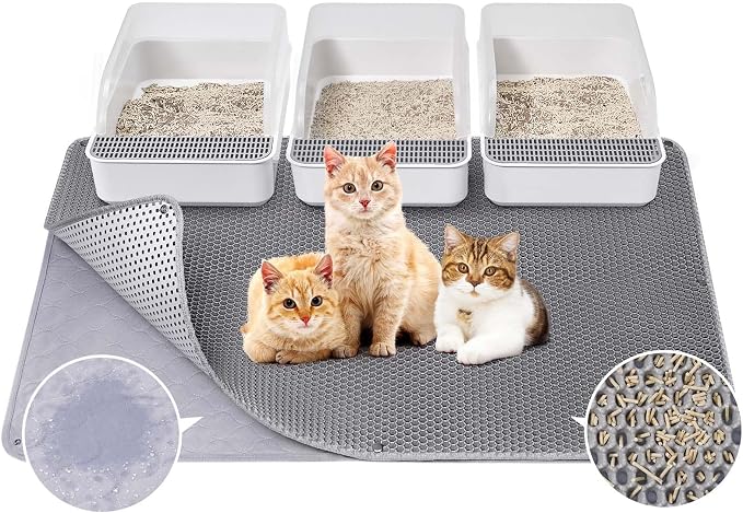 Fostanfly Cat Litter Mat, Machine Washable, Extra Large XL 45"x27", Gray | Cat Litter Trapping Mat, Urine & Waterproof, Double Layer Design, Honeycomb Scatter Control- Easy Clean for Floor