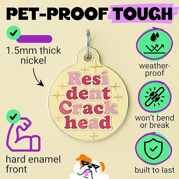 Bad Tags Personalized Dog and Cat ID Tags in 25+ Designs and 2 Sizes - 5 Lines of Custom Engraved Text - Funny Cute Personalized Pet Tags (Resident Crackhead - Yellow, Small (1 inch))