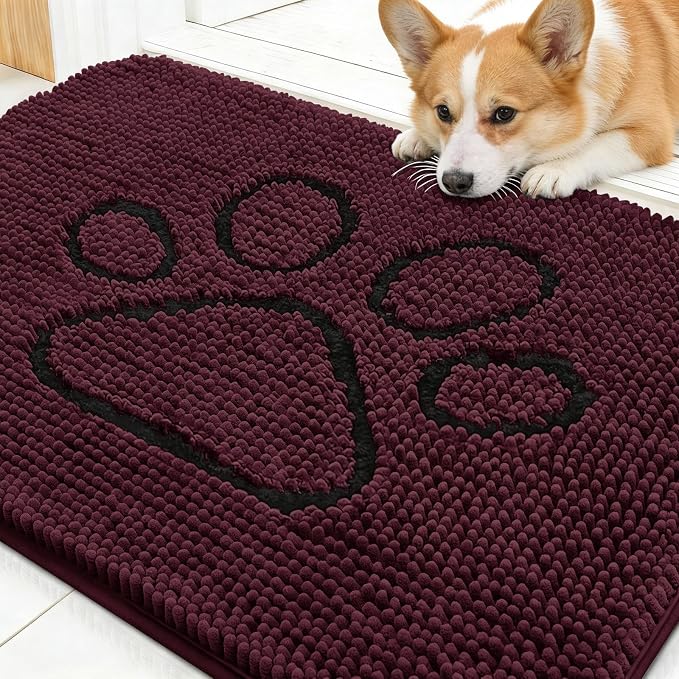 OLANLY Dog Door Mat for Muddy Paws 30x20, Paw Print Design Chenille Mud Mat | Russet, Absorbent, Traps Moisture and Dirt, Non-Slip Washable Doormat, Quick-Drying Indoor Entryway Floor Carpet for Dogs