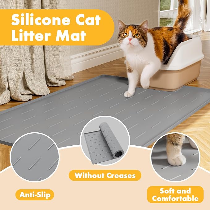 Pieviev Extra Large Silicone Litter Box Mat, Easy to Clean, 40'' x 28'' | Deep Grooves Trap Litter, Soft on Kitty Paws, Cat Mat with Non-Slip Backing, Raised Edge Catch Urine and Spills