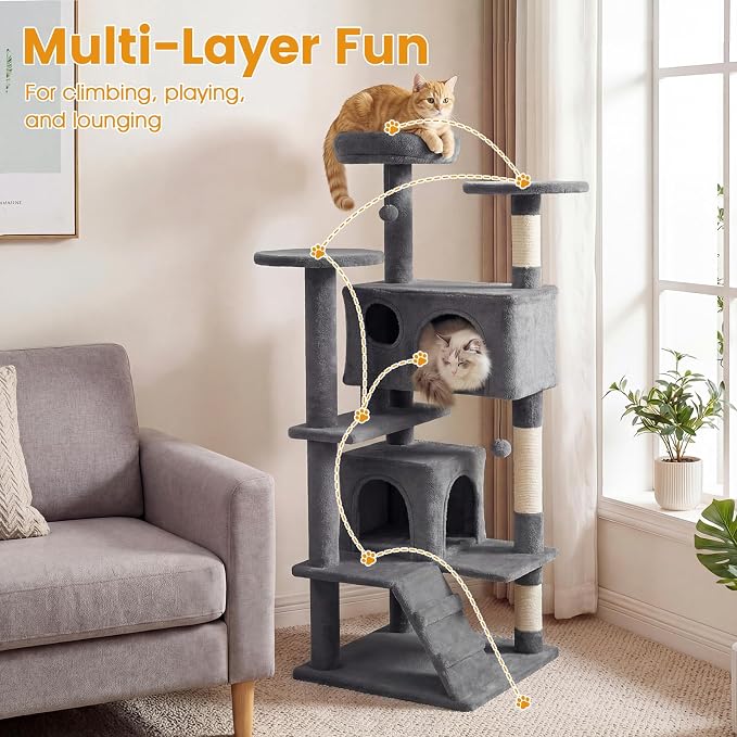 52-inch Cat Tree, Multi-Level Cat Tower with Sisal Scratching Posts, 2 Comfy Condos, Plush Padded Soft Top Perch, Dangling Balls, and Climbing Ladder, Ideal for Indoor Cats (Light Grey)