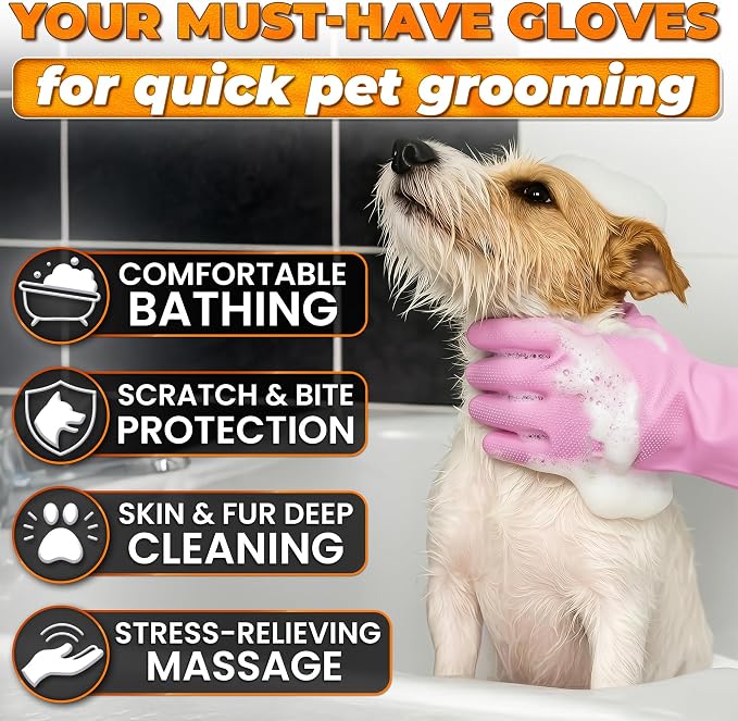 Cat and Dog Washing Gloves, 1 Pair, 11.6 in, Soft Silicone (Pink) | Dog Shampoo Gloves, Pet Bath & Grooming Mitt, 3000 Soft Bristles, Removes Loose Hair, Saves Shampoo, Massage, Wet or Dry