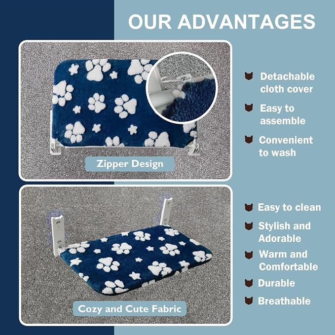 Cute Cat Window Perch, Foldable Cat Window Hammock, Navy Blue | Cordless Window Seat Bed for Indoor Cats, 3D Textured Paw Cover, Strong Suction Cups