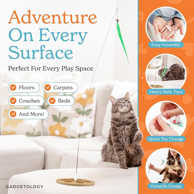 Feather Wand Teaser Cat Toys 18-Piece Simulation Toys For Indoor Cats, Cat Stuff Self-Holding Floor Base & Suction Cup, Bird Simulation Self Play Kitten Toys for Bored Adult Cats (Classic Set)