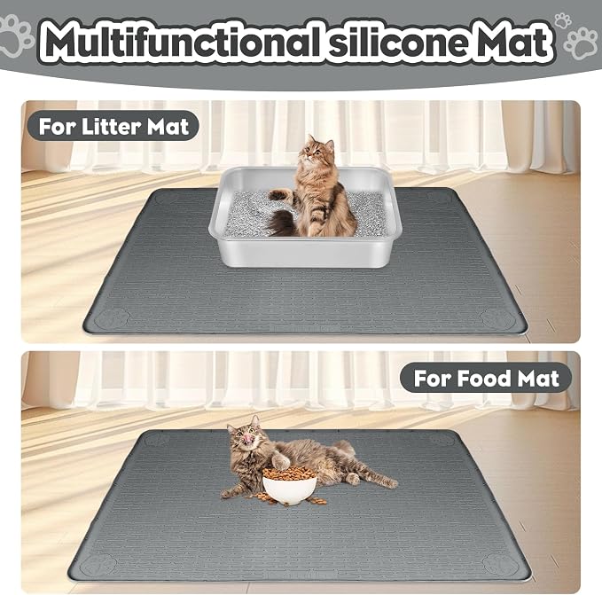 Silicone Cat Litter Mat for Litter Box 34”x22” Large Cat Mat, Dark Grey | Waterproof, Non-Slip, Leak-Proof Rug Mat with Lip, Easy to Clean, Extra Large Litter Catcher Mat for Floor
