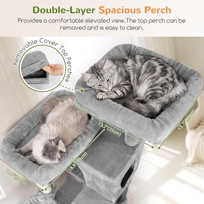 Globlazer Tall Cat Tree for Indoor Large Cats, 75 inch, F75C, Light Grey | Multi-Level Cat Tower, 2 Large Platforms, 2 Oversized Cat Condos, 5 Scratching Posts, Scratching Board, Removable Pet Bed