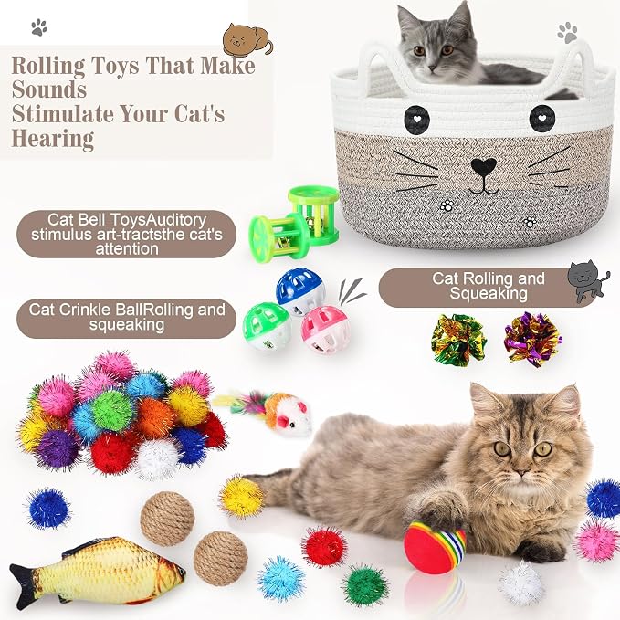 Zopeal 76 Pcs Cat Storage Basket Gift Toys Set Interactive Cat Toys Kitten Wand Colorful Flashing Balls Pet Crinkle Balls Attract Kitten to Swat, Hunt for Pet Indoor(Brown)