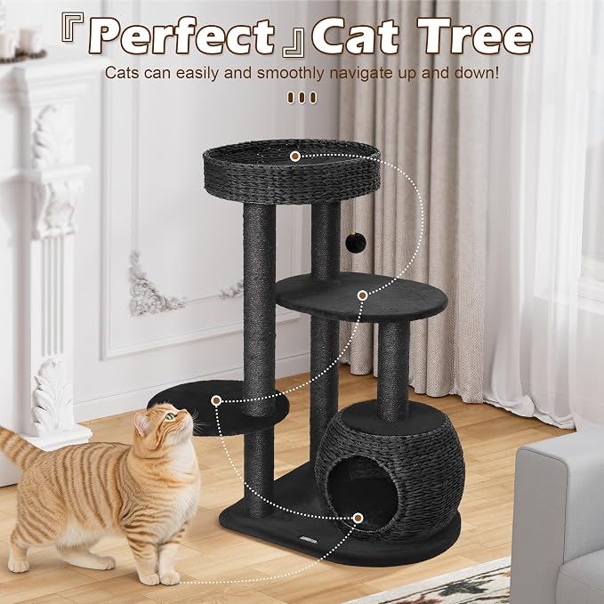 Black Cat Tree, 39" Tall Cat Tree Tower for Cats, Modern Cat Condo with Scratching Posts, Multi-Level Solid Wood Tower & Top Perch, Cat Furniture for Big Cats