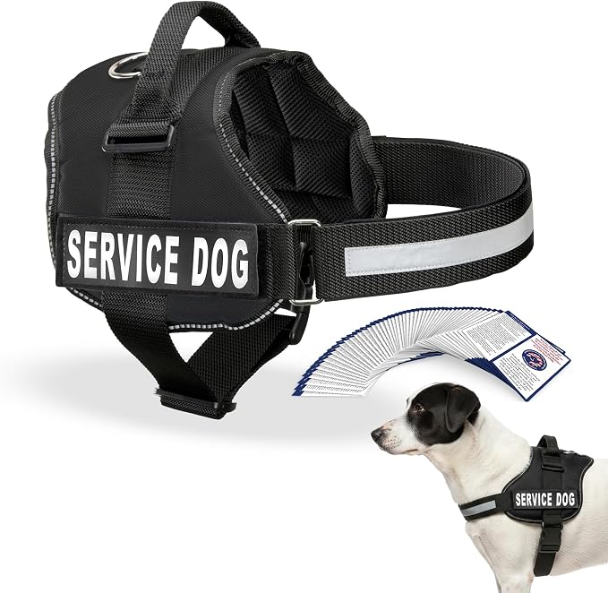 Industrial Puppy Service Dog Vest Harness - Durable & Adjustable Vest for Dog with Reflective Straps, Removable Patches, 50 ADA Cards, Handle & D-Ring, Travel and Daily Use, (Black, Medium 25"-32")