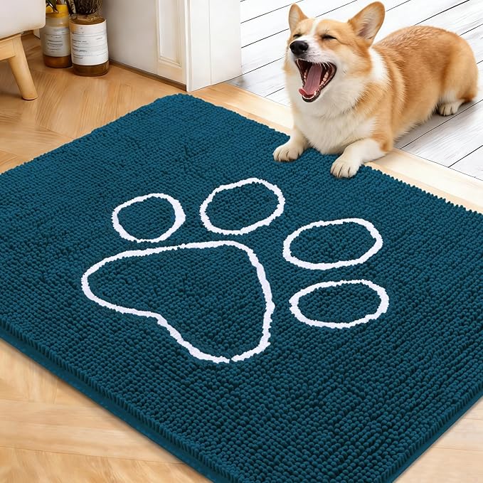 OLANLY Dog Door Mat for Muddy Paws 40x32, Paw Print Design Chenille Mud Mat | Atlantic Blue, Absorbent, Traps Moisture and Dirt, Non-Slip Washable Doormat, Quick-Dry Indoor Entryway Floor Carpet for Dogs