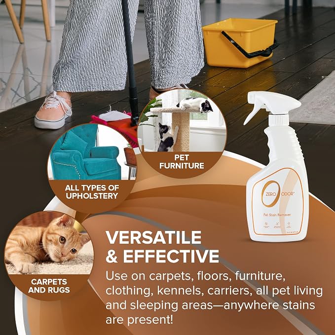 Zero Odor Pet Stain Remover & Odor Eliminator Spray for Carpet, 16 oz | For Dog and Cat Urine, Vomit and Feces on Carpet, Upholstery, Mattress, Pet Beds and Hard Floors, 400+ Sprays