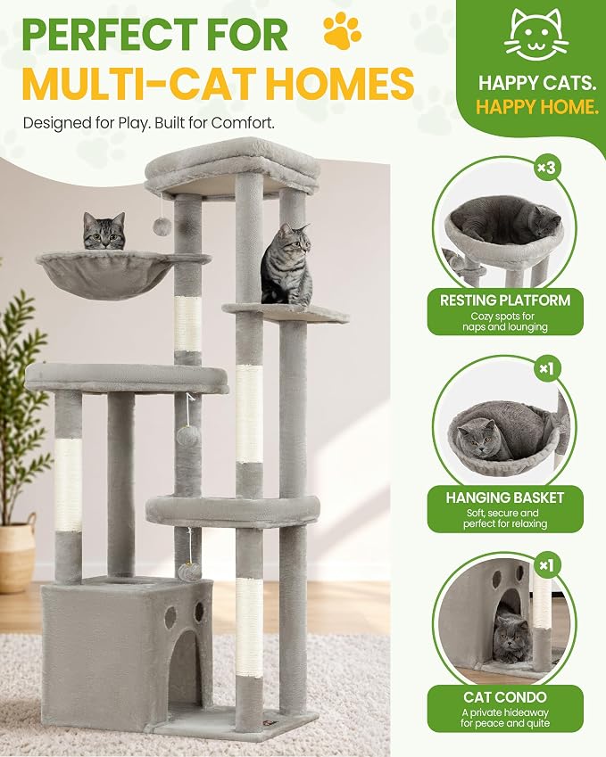67in Cat Tree Tower for Indoor Cats, Multi-Level Light Grey | Climbing Tower with 3 Large Platform, 4 Scratching Posts, Hammock, Large Condo for Multiple Cats, Modern Cat Tree Furniture