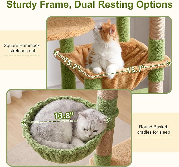 Heybly Cat Tree, 76-Inch Tall Heavy Duty Cat Tower for Big Cats HCT039GY | Multi-Level Large Cat Furniture with Extra Wide Baseboard, 2 Condos & 2 Hammocks, 10 Scratching Posts, Green and Yellow