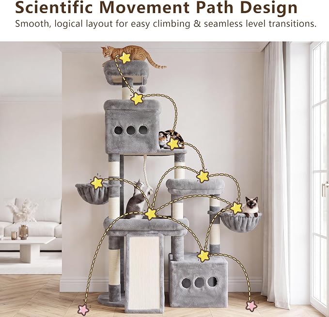 Heybly Cat Tree 72.4-Inch Anti-Tip Cat Tower with Spacious Perches HCT060W | All-in-One Cat Furniture for Large Cats, Multiple Interactive Areas, Extra-Large Sisal Scratching Board, Light Gray