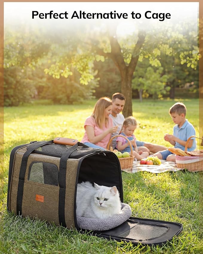 Morpilot Cat Carrier - Cat Carrier Soft for Medium or Large Cats up to 20lbs, with Dual-Sided Cushion, Secure Buckle and Foldable Bowl, Dog Carriers for Small Dogs - Pet Carrier (Brown)