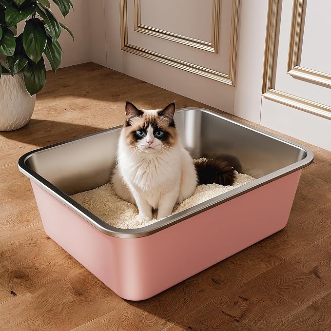 Qiuma Stainless Steel Litter Box, Large Metal Cat Litter Box with High Sided for Big and Small Cats, Non-Stick, Easy to Clean, Odor-Free, 17.5" L×13.6" W×5.9" H, Blush Pink